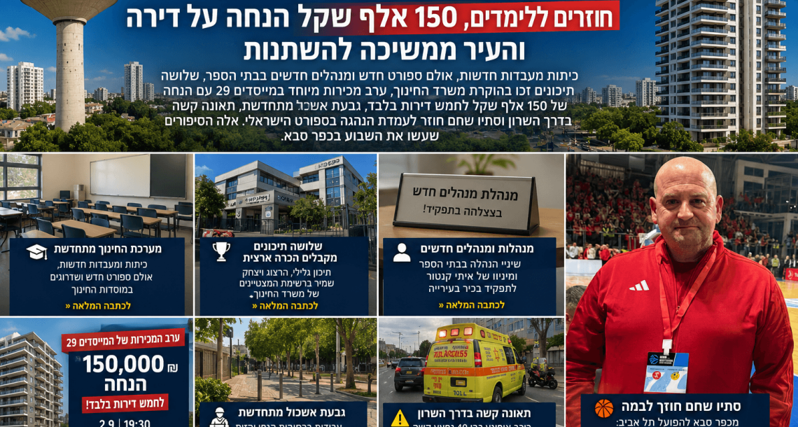 השבוע בכפר סבא: חוזרים ללימודים, 150 אלף שקל הנחה על דירה – והעיר ממשיכה להשתנות